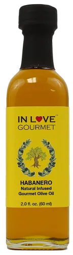 Vista 2 de In Love Gourmet Aceite de oliva con infusión de sabor natural Habanero de 8.5 oz, aceite de habanero picante para condimentar tu pescado, pollo
