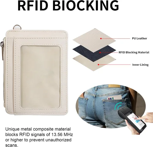 Vista 5 de Billeteras pequeñas para mujer, tarjetero de cuero con bloqueo RFID, cartera delgada y minimalista con bolsillo frontal para tarjetas, Beige, Delgado