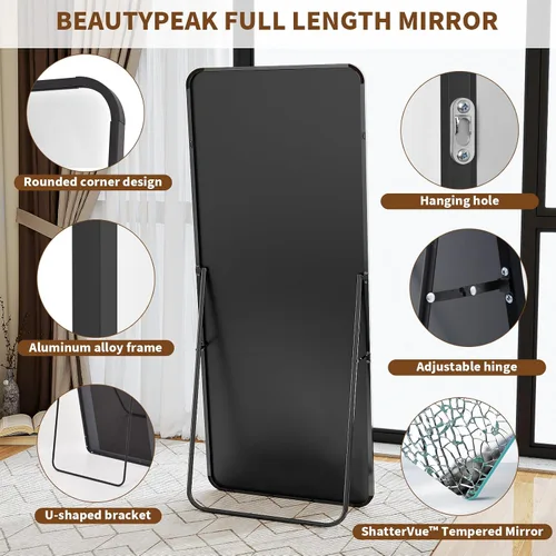 Vista 5 de BEAUTYPEAK - Espejo de cuerpo entero negro, espejo de piso de 56 x 21 pulgadas con esquinas redondeadas, espejo para colgar, apoyar contra la pared