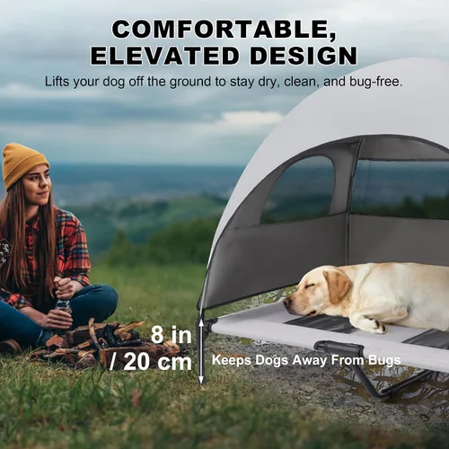 Vista 8 de Cama mediana para perros con toldo UV, catre elevado para perros de hasta 78 libras, tienda de campaña elevada impermeable y resistente a