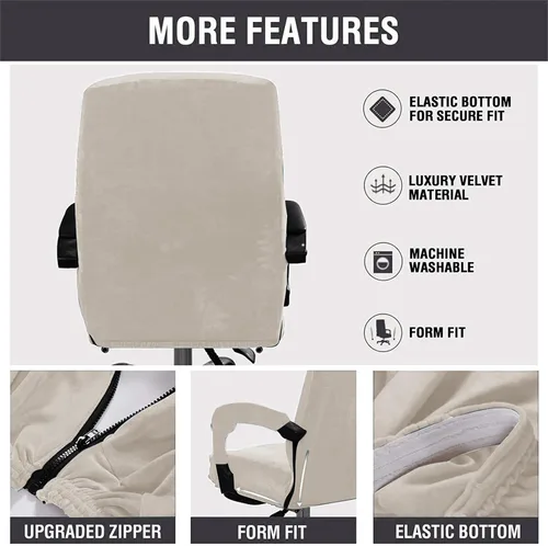 Vista 5 de Funda de terciopelo para silla de oficina y computadora para ejecutivos, beige, XL Stretchable, Cat Proof with Wheels, Armrest Protector for Pets