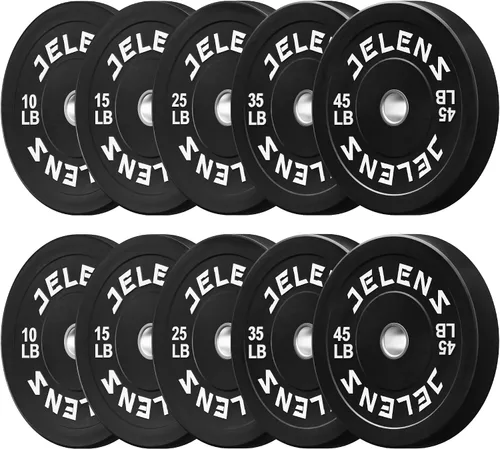 Vista 12 de Juego de Placas de Peso para Barra Olímpica JELENS, Juego de Pesos de Goma de 2 Pulgadas Negro/Colorido para Entrenamiento de Fuerza y Levantamiento