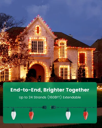 Vista 7 de SURAIELEC C9 Luces LED de Navidad con clips, 67 pies, 100 luces de techo de Navidad para exteriores con clips de resorte, luces de cadena rojas