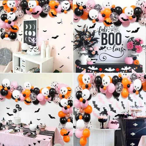 Vista 7 de Kit de guirnalda de arco de globos de Halloween, arco de globos de Halloween rosa, negro y naranja con globos de aluminio BOO, globos de calavera