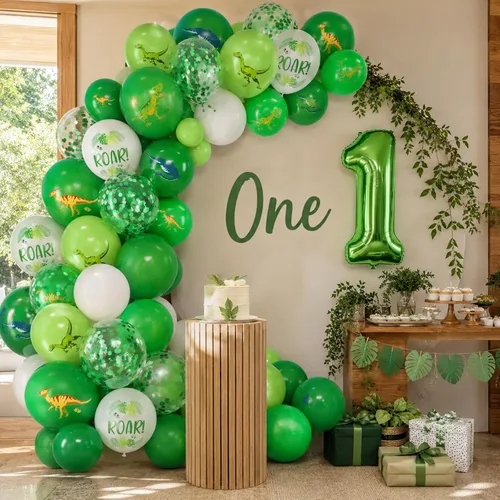 Vista 5 de Globos de dinosaurio, 12 pulgadas, decoraciones de safari en la selva para Conjunto de látex con estampado de dinosaurio verde claro y blanco