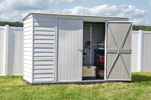 Vista 11 de Arrow Select - Cobertizo de almacenamiento de acero con cerradura para exteriores de 10 x 4 pies, color gris flauta Flauta Gris