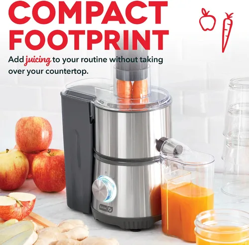 Vista 3 de Dash Exprimidor centrífugo, extractor eléctrico de jugo de 2 velocidades de 350 W para frutas y verduras, fácil de limpiar, máquina de exprimir Gris