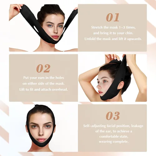 Vista 5 de Máscara reutilizable de línea V con correa para la barbilla, máscara facial en forma de V para flacidez, ejercitador de mandíbula (Negro)
