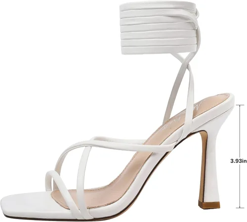 Vista 3 de Mostrin Tacones de tiras para mujer, tacones con cordones, sandalias sexis de tacón de aguja con puntera abierta cuadrada para bailes, fiestas