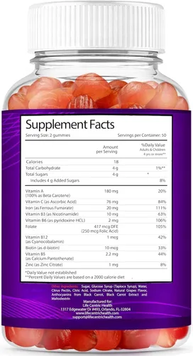 Vista 3 de LifeCentricHealth - Gomitas de hierro Gomitas de biotina, zinc, vitamina B, ácido fólico, veganas, sin gluten, para mujeres y hombres
