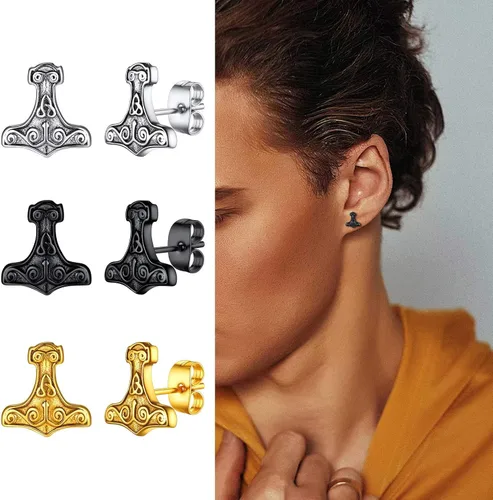 Vista 8 de FaithHeart Norse Vikingo Jewelry - Aretes de tuerca de plata de ley de acero inoxidable, lobo celtamartillo de Thors para mujeres y hombres, Acero