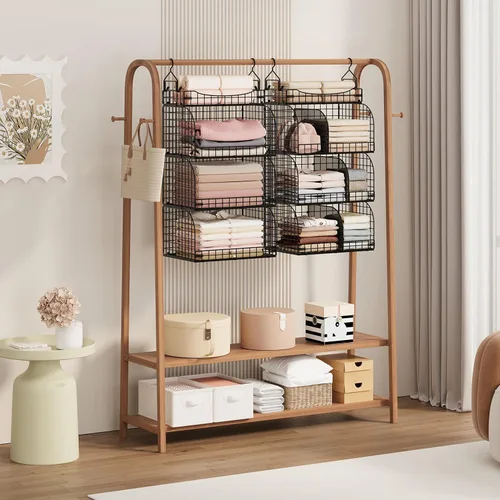 Vista 7 de SWTYMIKI Organizador de armario colgante – 4 estantes apilables de metal con divisores y ganchos en S, estantes plegables para ropa, pantalones