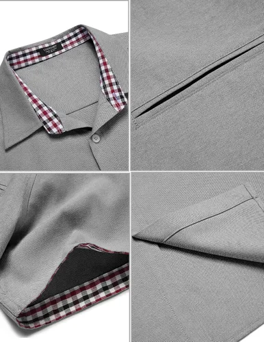 Vista 5 de COOFANDY Camisa de vestir Oxford de manga corta para hombre, camisa de trabajo con botones de cambray, camisas casuales con cuello a cuadros