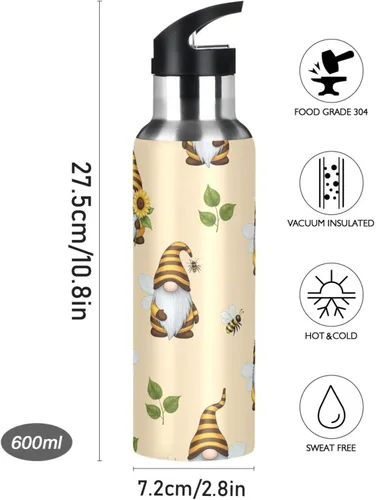 Vista 9 de Insulated Stainless Steel Water Bottle with Straw 20 Oz, Leakproof Water Bottles for Gym Outdoor Travel School, Gnomes Bees