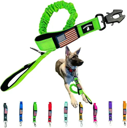 Vista 5 de Correa elástica resistente para perro, absorción de golpes, clip para cinturón de seguridad, cierre de rana de liberación rápida, asas dobles