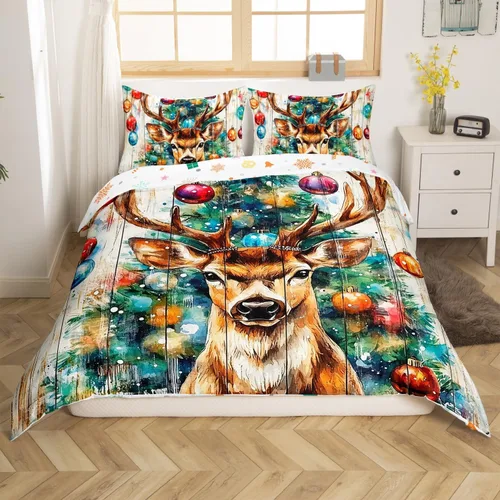 Vista 2 de Juego de funda de edredón con diseño de ciervo de cabaña, tamaño twin, juego de ropa de cama rústica de tablón de madera de árbol de Navidad