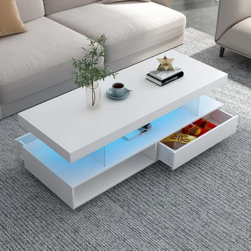Vista 8 de Polibi Mesa de centro LED con almacenamiento, mesa central moderna con 2 cajones y estantes de exhibición, muebles decorativos con luces LED