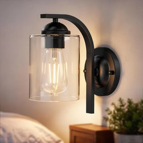 Vista 11 de Juego de 2 apliques de pared, lámparas de baño cableadas, iluminación de pared moderna para tocador de baño con pantalla de vidrio transparente