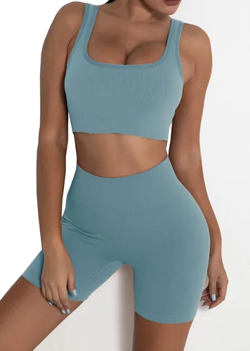 Vista 5 de fatty tiger Conjuntos de entrenamiento acanalados para mujer, 2 piezas, trajes de gimnasio, ombligueras, pantalones cortos de cintura alta