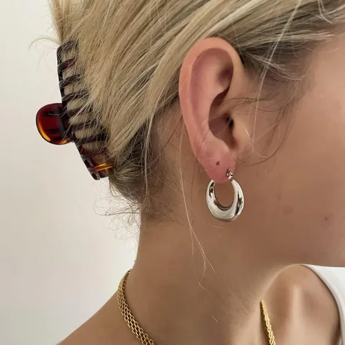 Vista 61 de Aretes de aro gruesos de oro para mujer, chapados en oro de 14 quilates, aretes de aro triple, hipoalergénicos, a la moda, aretes de aro gruesos