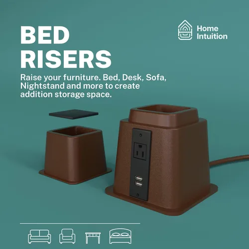 Vista 2 de Home Intuition Elevadores de cama ajustables resistentes de 3, 5 u 8 pulgadas, paquete de 4 (marrón espresso con USB)