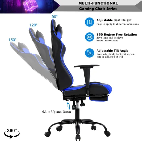 Vista 7 de Reposacabezas de soporte lumbar para computadora de PC, respaldo alto, para oficina, videojuegos, silla giratoria para niños o adultos, azul