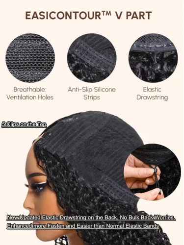 Vista 4 de UNICE EasiContour Peluca de Cabello Humano Kinky Straight con Parte en V Sin Pegamento con Clip Peluca Mágica Leave Out Mejorada Peluca de Cabello