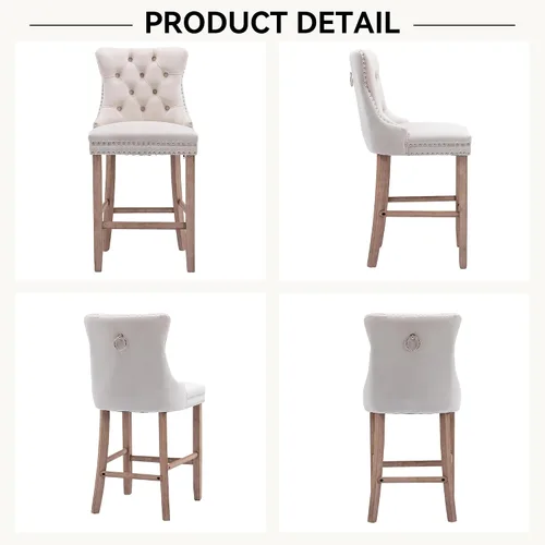 Vista 6 de Juego de 2 Sillas de Comedor, Modernos Taburetes de Bar Tapizados de Terciopelo con Decoración de Botones Capitoné y Patas de Madera, Ribete