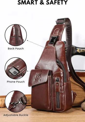 Vista 4 de Bolso bandolera pequeño de cuero para mujeres y hombres, bolsa cruzada, bolsa de pecho, mochila de viaje de hombro, resistente al agua, Caoba