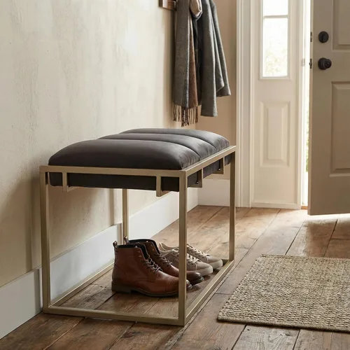 Vista 4 de Cortesi Home Bourne otomana rectangular de 20 pulgadas de alto terciopelo gris y metal dorado champán
