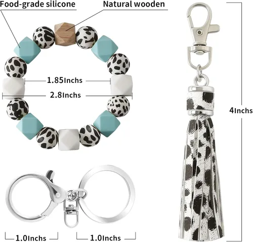 Vista 2 de Pulsera de silicona con cuentas de vaca, llavero de cuero con borlas de coche, llavero para mujer
