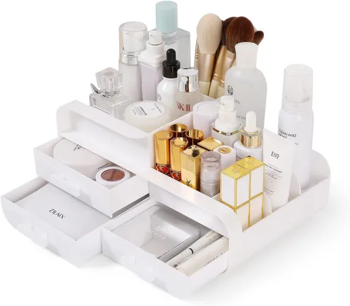 Vista 9 de Organizador de escritorio de maquillaje con cajones, organizador de cuidado de la piel para cosméticos, soporte de tocador para lápiz labial