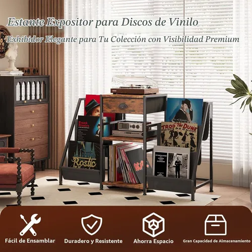 Vista 5 de Soporte para tocadiscos con cajón, mesa para tocadiscos con almacenamiento de discos de vinilo de hasta 280 álbumes, soporte giratorio con estante