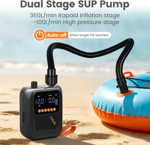 Vista 4 de Portable Rechargeable Electric SUP Paddle Board Pump, Intelligent Dual Stage Inflation&Deflation, Up to 20PSI and Auto-Off for Stand UP Paddle