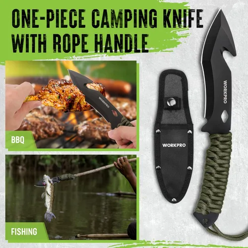 Vista 3 de WORKPRO Hacha de camping y machete con funda, hacha de campamento y cuchillos de hoja fija con mango de paracord, linterna frontal, pedernal, juego