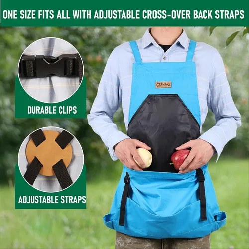 Vista 6 de Grampa's Garden - Delantal de jardinería con espalda cruzada con bolsillos para mujeres y hombres Delantal de cosecha con bolsa de canguro grande