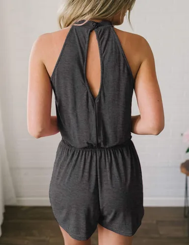 Vista 3 de MEROKEETY Overol de verano para mujer, con cuello halter, cintura elástica, color sólido, con bolsillos