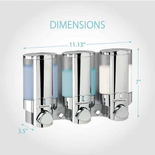 Vista 4 de Better Living Products 76345-1 Aviva, set de tres despachadores cromados. 3 Chamber, Wall Mount Shower Soap Pump Dispenser, Built-in Hooks, No