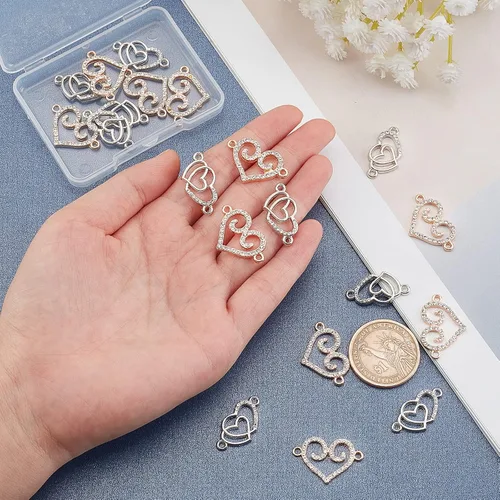 Vista 4 de PH PandaHall Dijes de corazón con diamantes de imitación, 20 piezas de eslabones de corazón de amor, dijes de San Valentín con doble corazón, dije