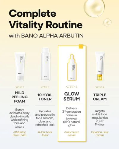 Vista 6 de Bano Suero Alpha Arbutin Glow – 2% de alfa arbutina + niacinamida para vitalidad y brillo de la piel, tono desigual Ácido hialurónico hidratante