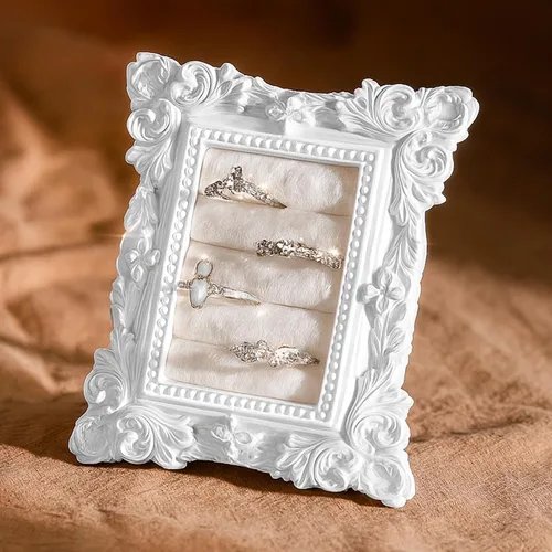 Vista 14 de Liliaafar Vintage Ring Holder Rectangle Black Ring Wedding Display Suede Jewelry Box Stand Frame Earring Tray Anniversary Engagement Baroque