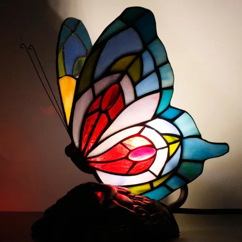 Vista 7 de Pequeña lámpara de mesa Tiffany de vidrio manchado Lámpara de escritorio de mariposa de 7X5X9.8 pulgadas Luz de acento antigua