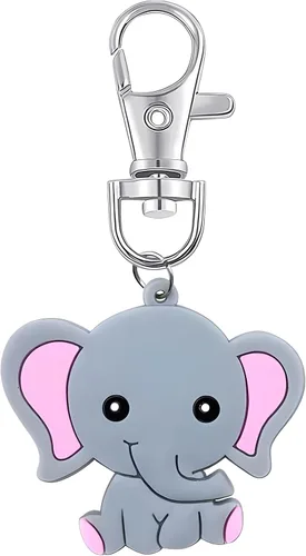 Vista 2 de Paquete de 20 llaveros de elefante rosa para adultos + etiquetas Kraft de agradecimiento para fiesta temática de elefantes, suministros de fiesta
