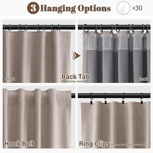 Vista 60 de Guken Cortinas opacas de lino, 2 paneles rústicos, elegantes, 100% opacas, con aislamiento térmico, banda de ganchos y trabilla trasera, 52 x 84