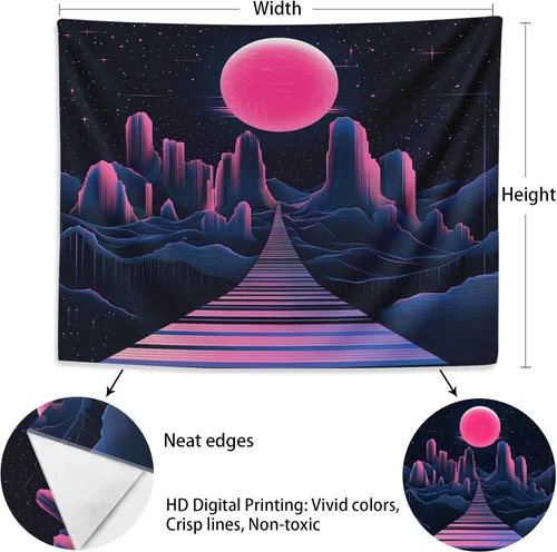 Vista 6 de Blacklight Neon Synthwave Tapestry - Glow in the Dark Space Planet Grid Mountains Tapestries Retro 80s Upright Posters Wall Hanging Room Decor for