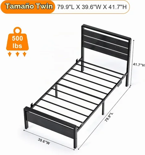 Vista 2 de VINGLI Base de cama de plataforma individual con cabecero y estribo LED, estación de carga USB, cama de panel de metal con espacio de almacenamiento