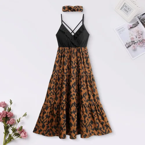 Vista 2 de AWIBMK Mommy and Me - Vestidos a juego con volantes de leopardo, sin mangas, para verano, playa, mamá, hija, trajes a juego con diadema, 2