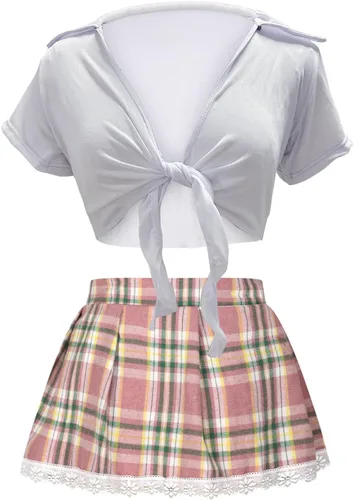 Vista 7 de Conjunto de lencería sexy para mujer, 2 piezas, cuello en V, parte superior con lazo y falda plisada a cuadros, trajes para sexo, travieso, cosplay