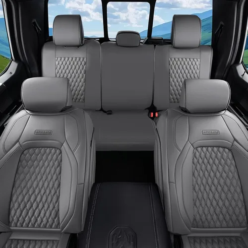 Vista 64 de Coverado Juego completo de fundas de asiento de ajuste personalizado para Chevy Silverado/GMC Sierra 2014-2018 1500, 2015-2019 2500HD 3500HD Negro