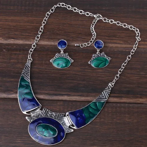 Vista 3 de YAZILIND Color étnico en relieve oval gangle, babero, collar, pendientes, collar, conjunto de joyas para mujeres